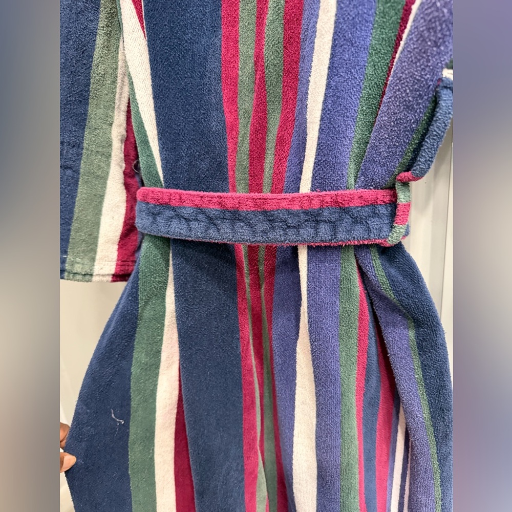BILL BLASS Terry Cloth Vintage Striped Hooded Bathrobe belt & pockets 3/4 sleeve - Picture 2 of 15